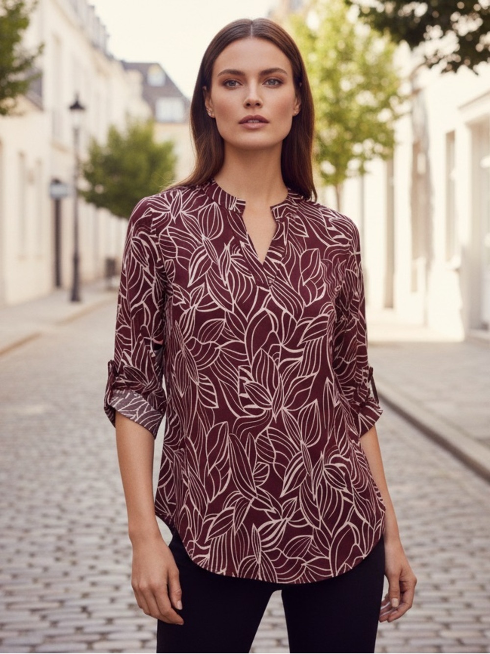 Dear Scarlett Elegant Long Sleeve Tunic with Allover Leaf Print in Deep Burgundy